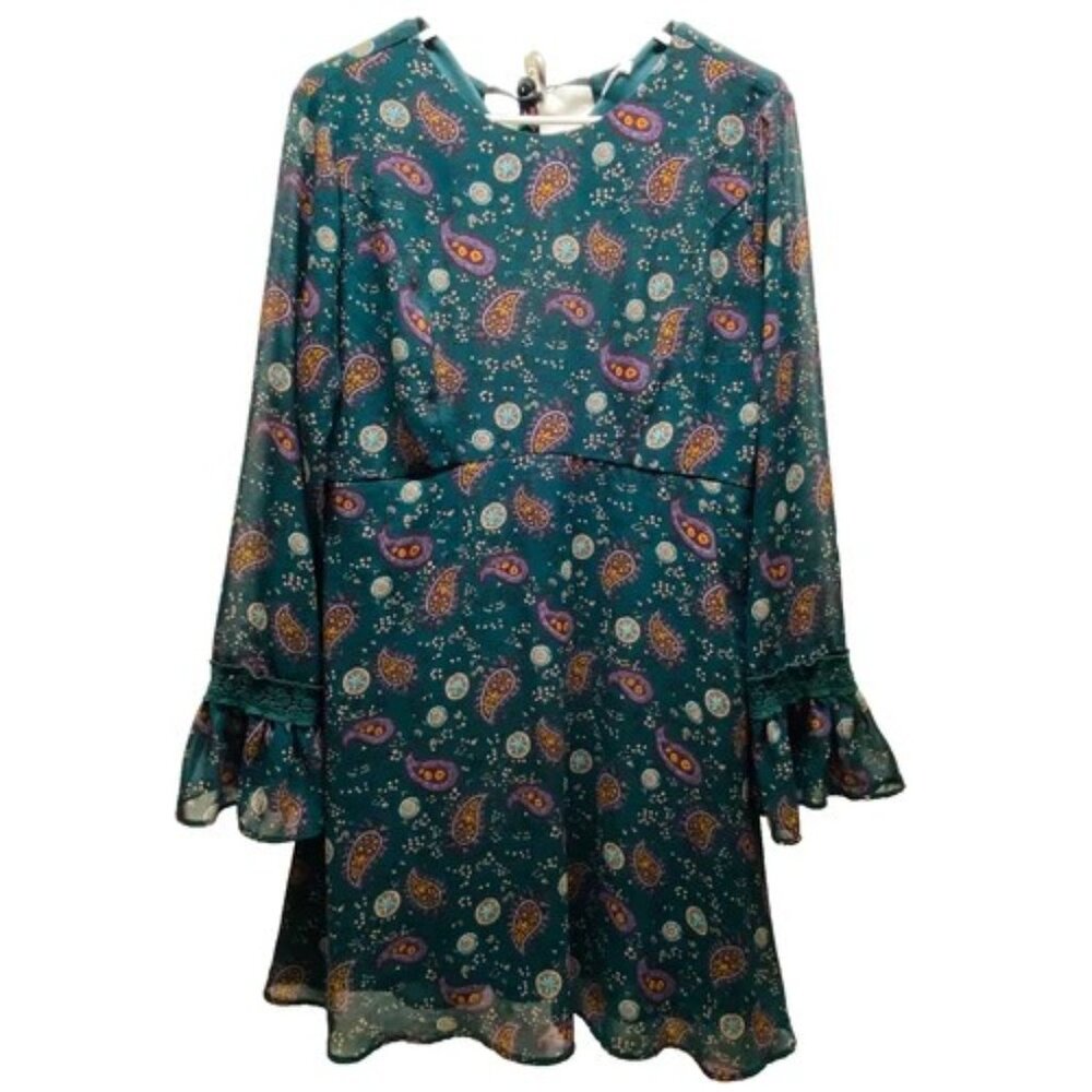 Xhilaration Long Sleeve Dress Women's Large Green Paisley Tie Back Boho Festival